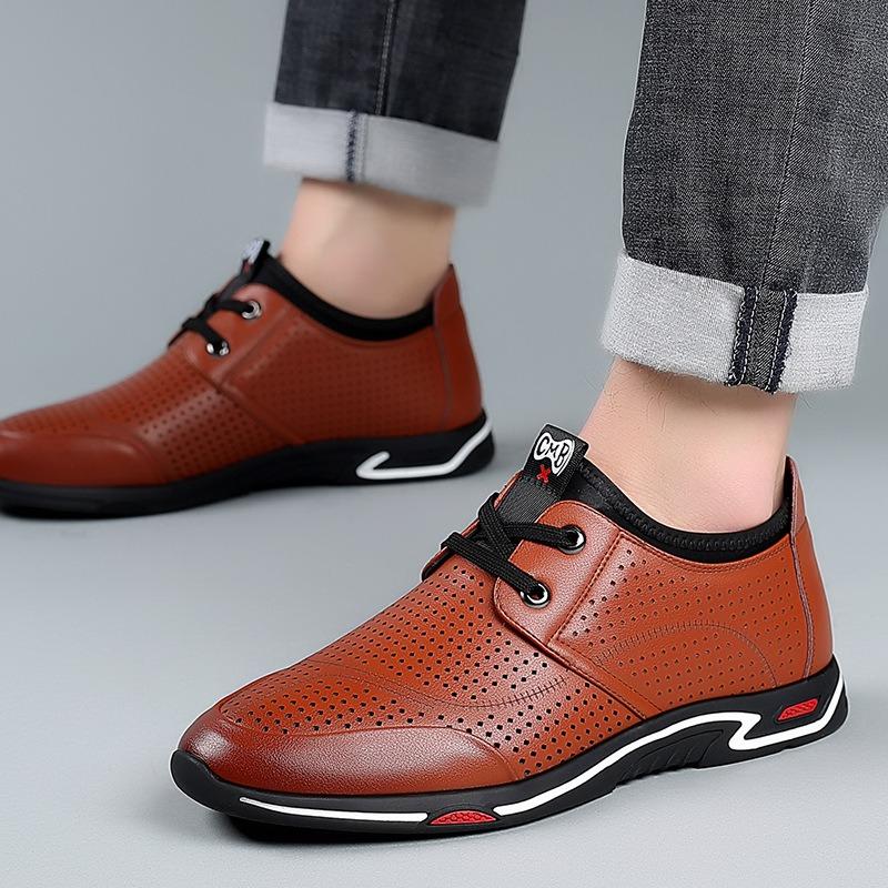 Casual shoes men's trend British summer breathable leather shoes fashion hollow men's shoes dad shoes