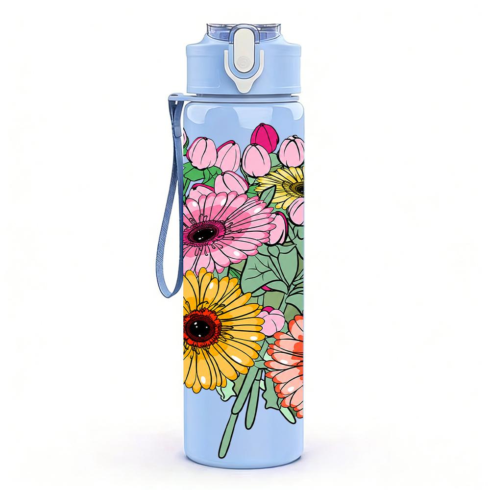 1PC Daisy Sunflower Mixed Floral 750ml Color Plastic Sports Water Bottle Leakproof Flip Straw Lid Suitable for Sports Office Home Use
