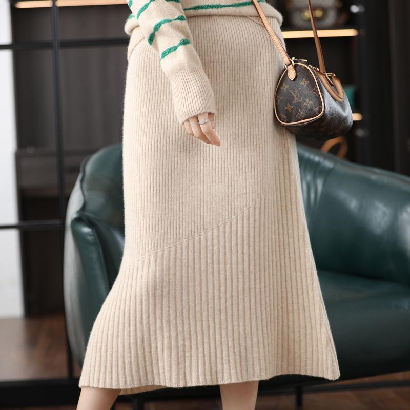 Falda midi de rayas para mujer 100% lana pura: Versátil, Adelgazante, Cintura Alta, Ajustado a las Caderas, Largo hasta la Rodilla, Punto de Cachemira.