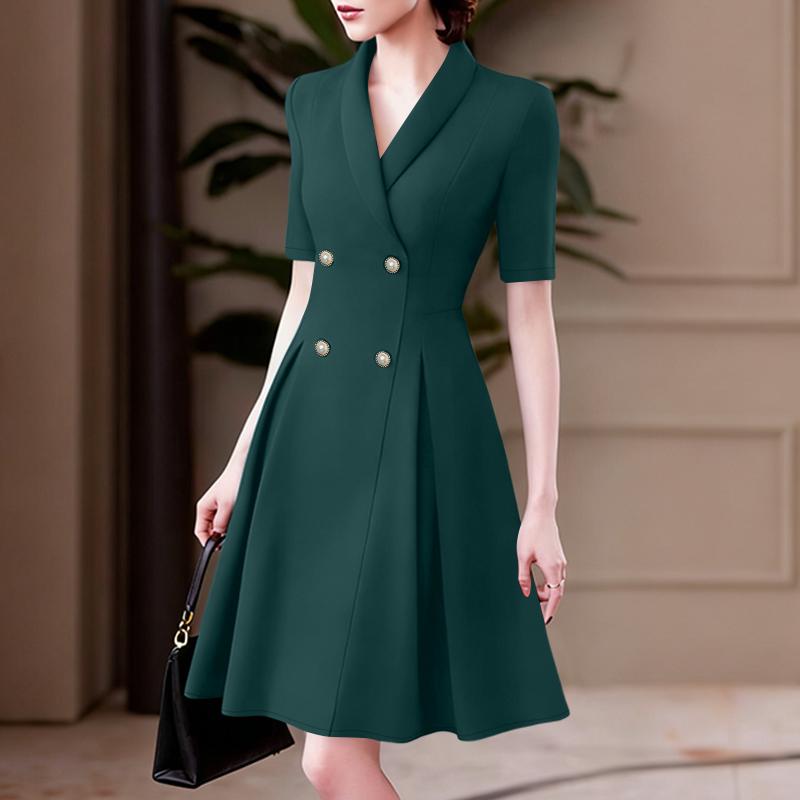 

ZANZEA Women Casual V-Neck Elegant Commute Short Sleeve A-line Dress S темно-зеленого