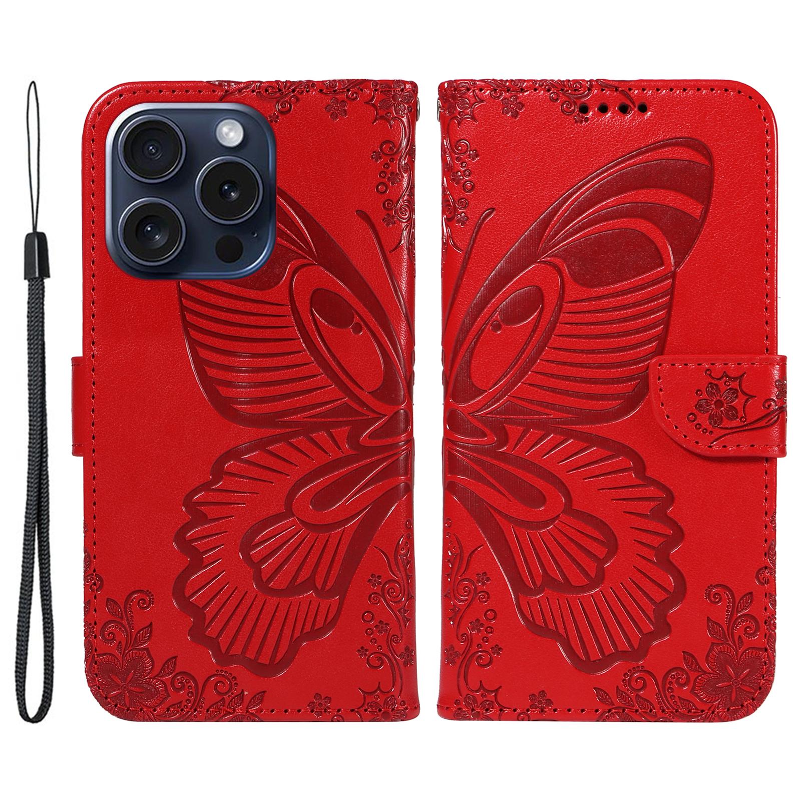 

For iPhone 15 Pro Wallet Case Butterfly Imprint Leather Phone Cover with Stand Red