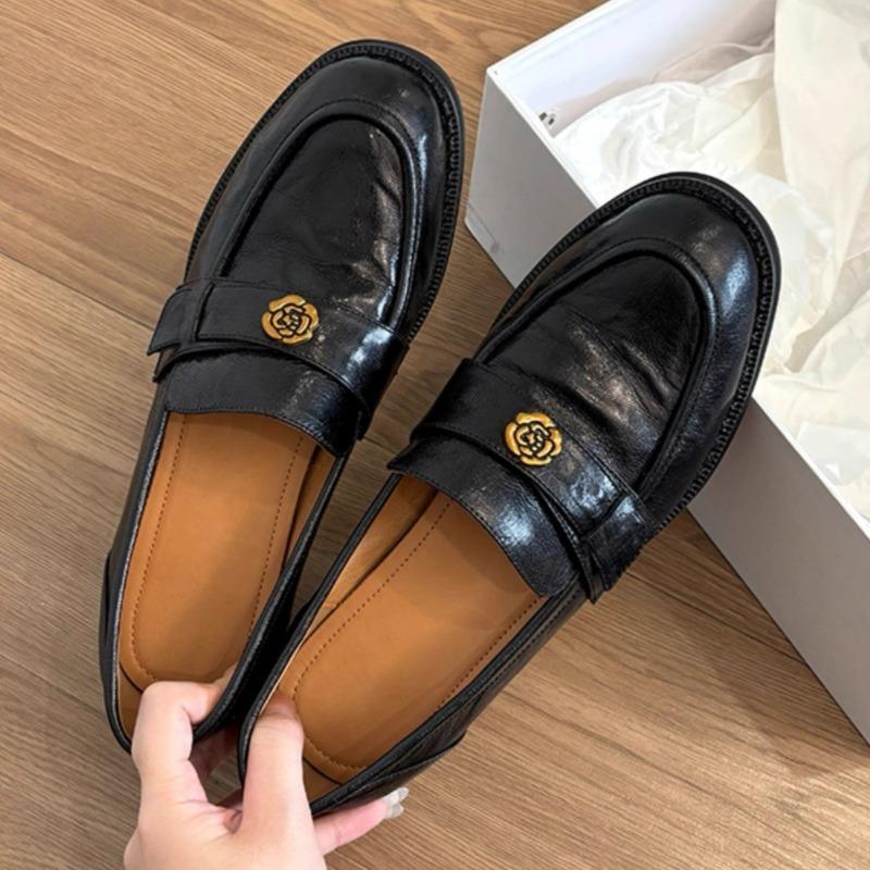 Sheepskin~ Genuine leather women's camellia with one pedal, thick-soled retro lazy with skirt and small leather shoes