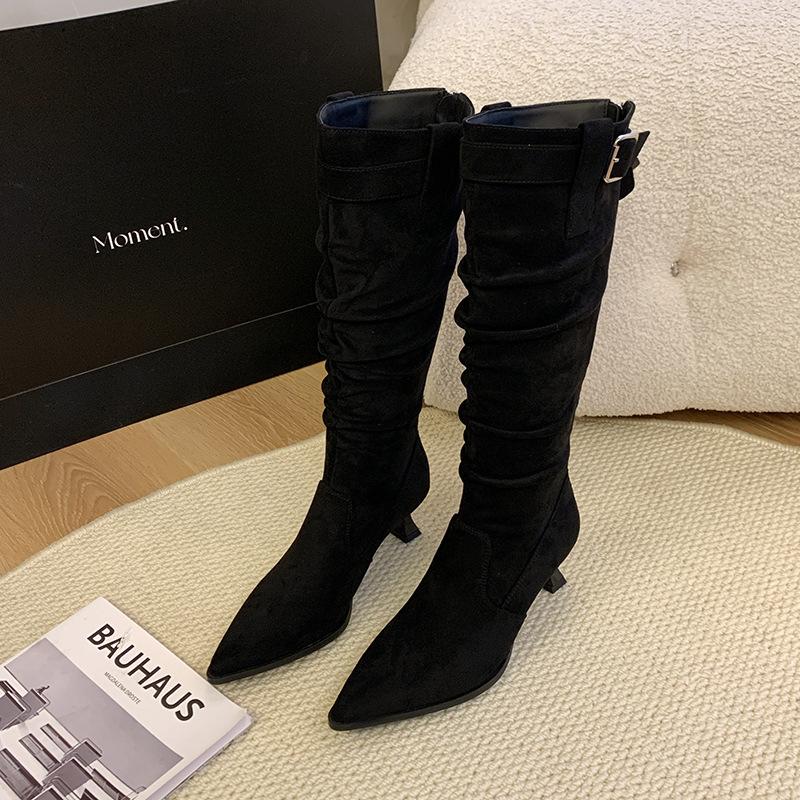 

-6 high heels fat mm stacking boots suede pointed boots thick legs big tube circumference wide fat feet large size women s shoes 35
