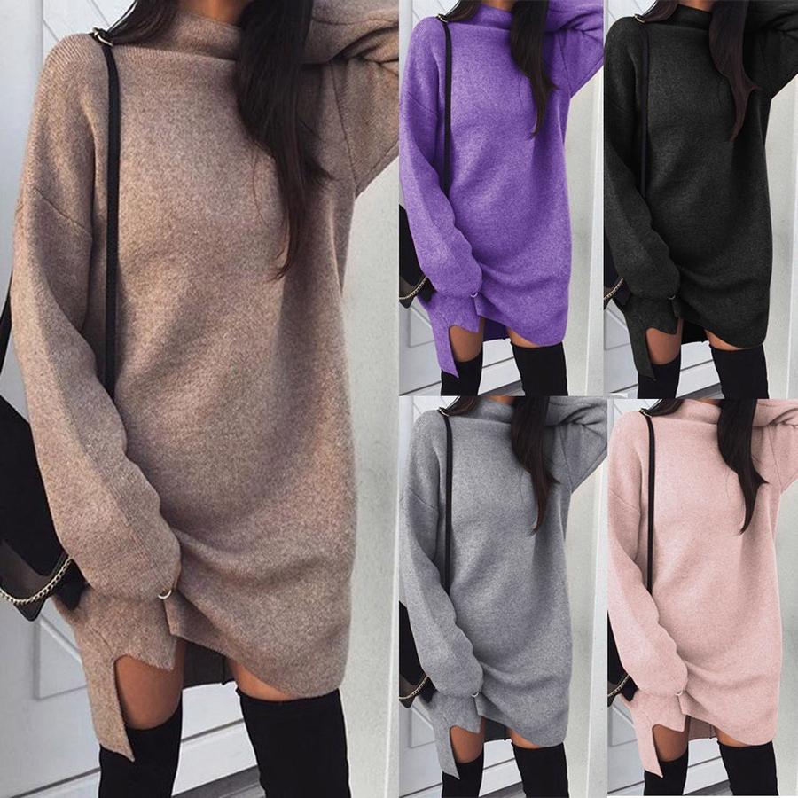 New European and American Leisure Oversized Knit High Collar Pleated Dress for Women