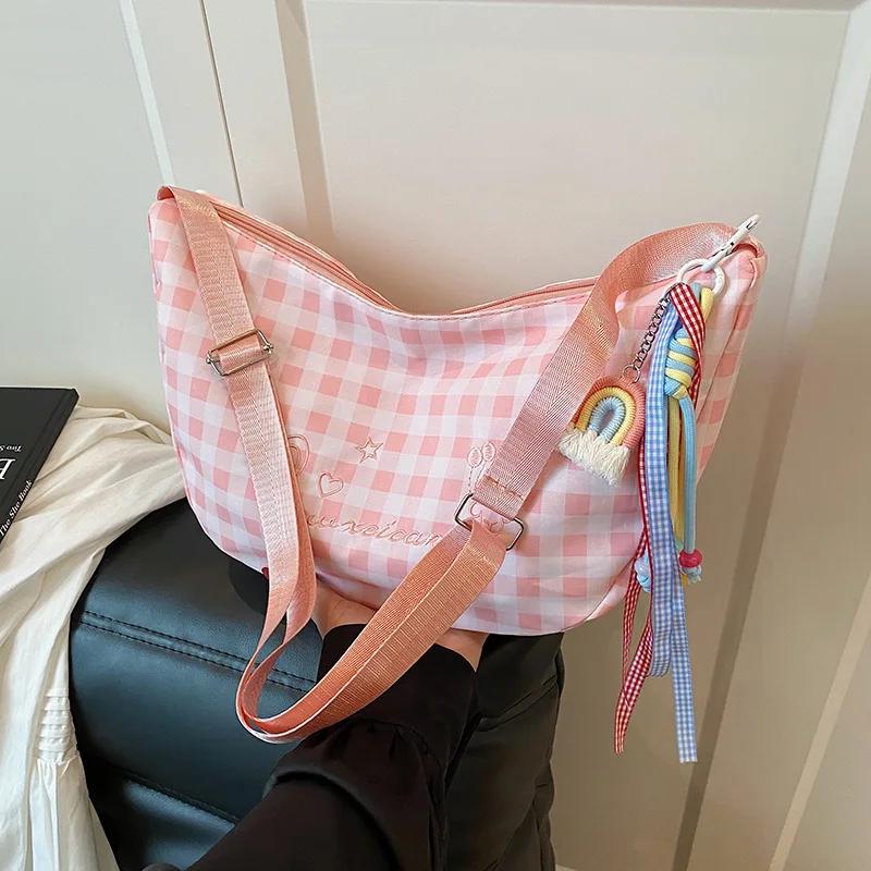 Checkered Canvas Bag for Women, Small and Fresh Embroidered Versatile Shoulder Bag, Large Capacity Commuting Crossbody Bags