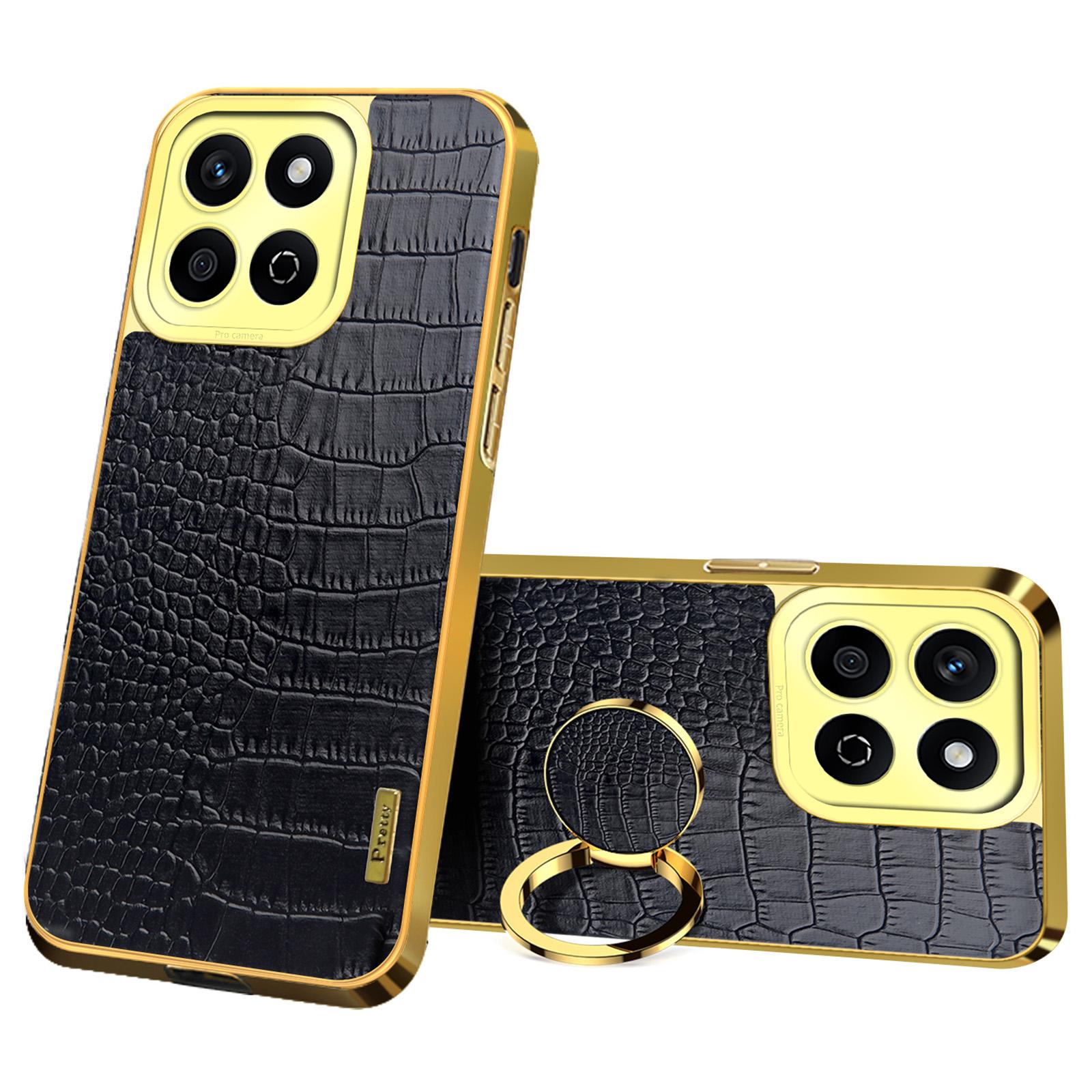 

For Honor X7c 4G/200 Smart 5G Case TPU+PU Kickstand Phone Cover Crocodile Texture Electroplating Black