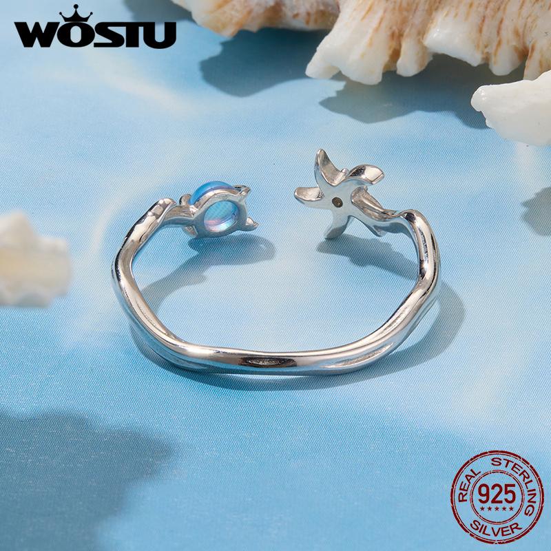 WOSTU Ocean Jewelry 925 Sterling Silver Starfish Open Ring Women Stackable s925 Rings Holiday Beach Wear