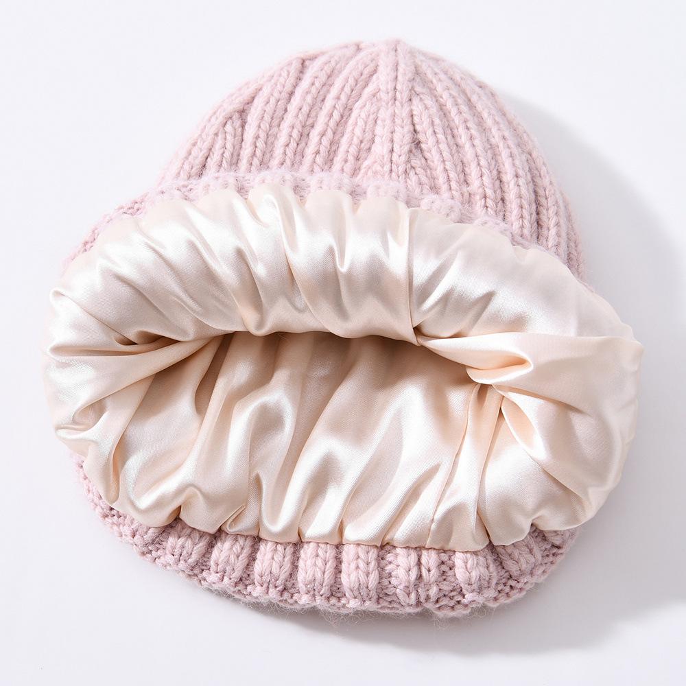 Versatile series children's rabbit velvet knitted hat solid color lined outdoor satin lined wool hat, source