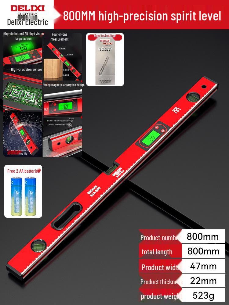 Delixi High Precision Aluminum Spirit Level with Magnet, Small Digital Display Magnetic Ruler