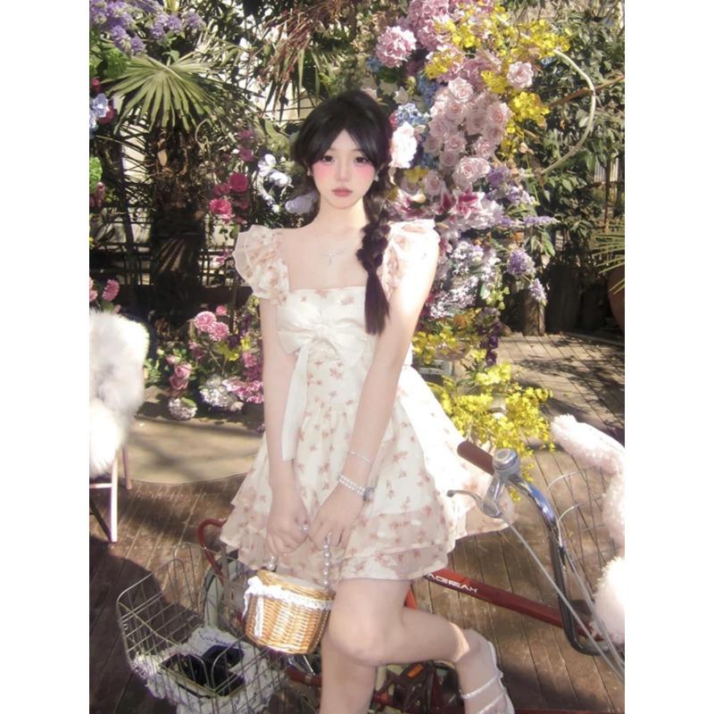 Summer New Floral Printed Bow Mini Dress Women Square Collar Fly Sleeve Sweet Vestido Women Slim A-line Robe