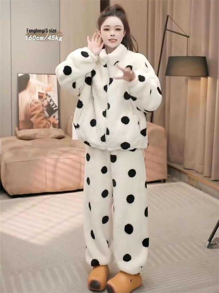 Women's Polka Dot Flannel Pajama Set - Thick, Double-Sided Arctic Fleece, Long-Sleeved for Spring/Summer Warmth.