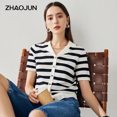 Zhaojun Women's Striped Mulberry Silk Short Sleeve Knit Cardigan