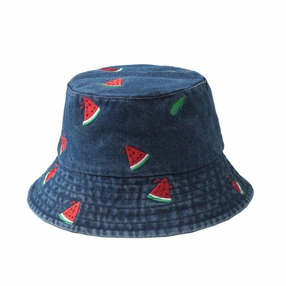 Fashion Watermelon Strawberry Embroidered Denim Bucket Hat Butterfly Pattern Wide Brim Denim Fisherman Hat Sun Hat Travel