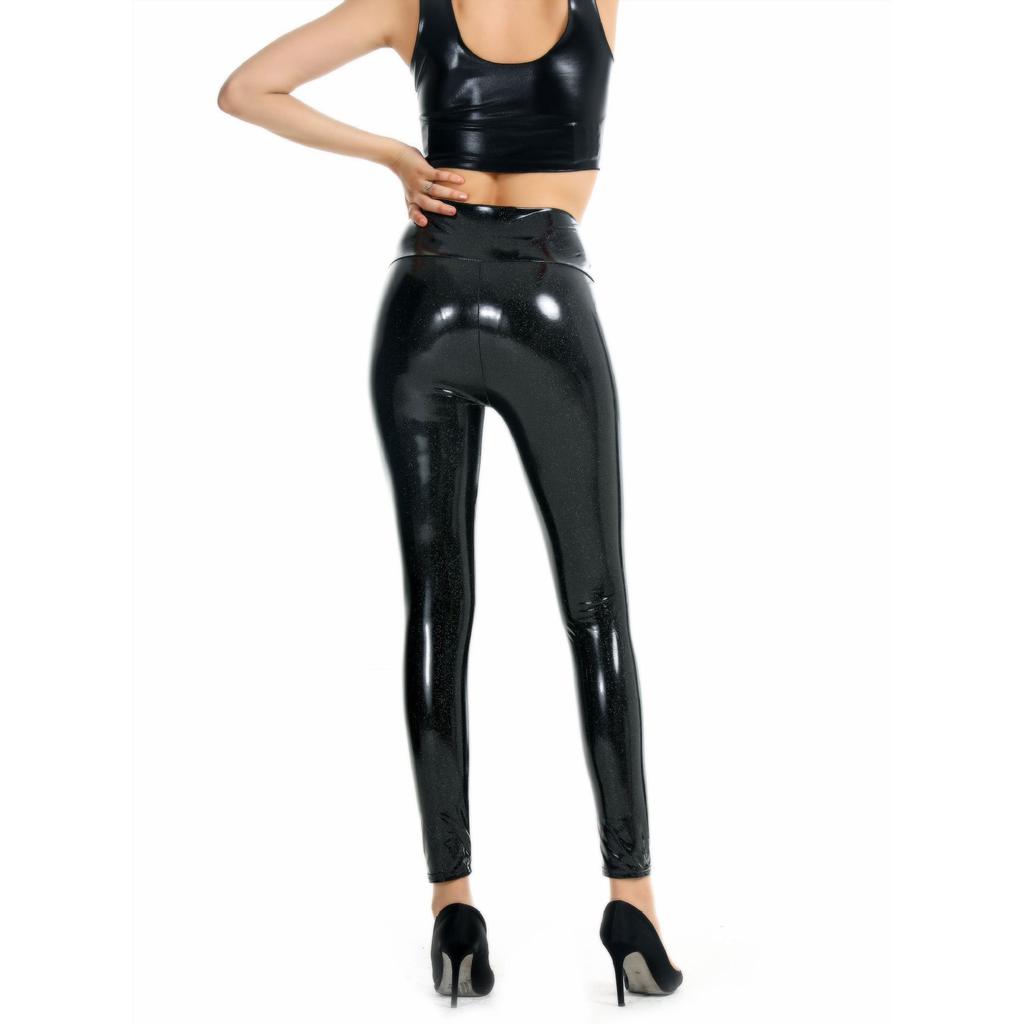 Damen Leggings aus Kunstleder, glänzend, dehnbar, enge Hose, hoch tailliert, schmale Miederhose