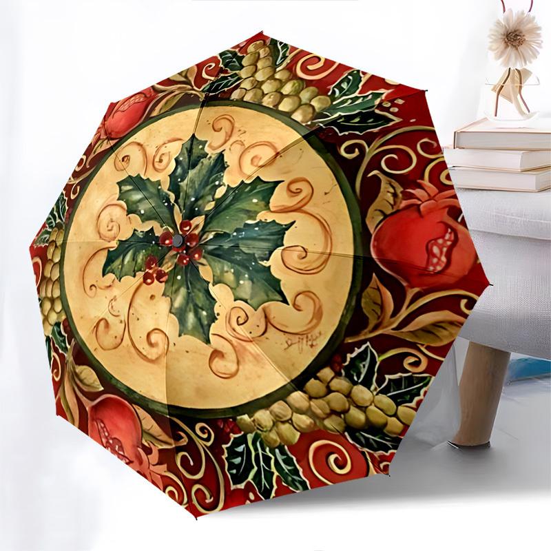 

1pc Christmas Holly Pomegranate Fruit Outdoor Umbrella, Automatic Open Close Portable Folding Design, 8 Bone Iron Frame, Festival Gift for Fans, Trave