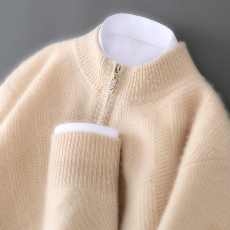 Men s Fashionable Pure Wool Sweater: 2025 Autumn/Winter Half-High Collar, Zipper, Loose, Thickened Base Layer L