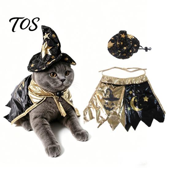 Halloween Wizard Cloak for Pets 1 Set Cat Witch Costume, Black Cape And Hat, Moon Pet Costume Star Pointed Hat Cats Small Medium Dogs Festive