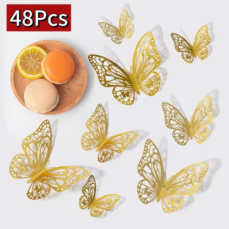 48pcs/lot Metal Inspired Hollow 3D Paper Butterfly Decorations for Parties, Festivals, Weddings, Birthdays, Wall Stickers