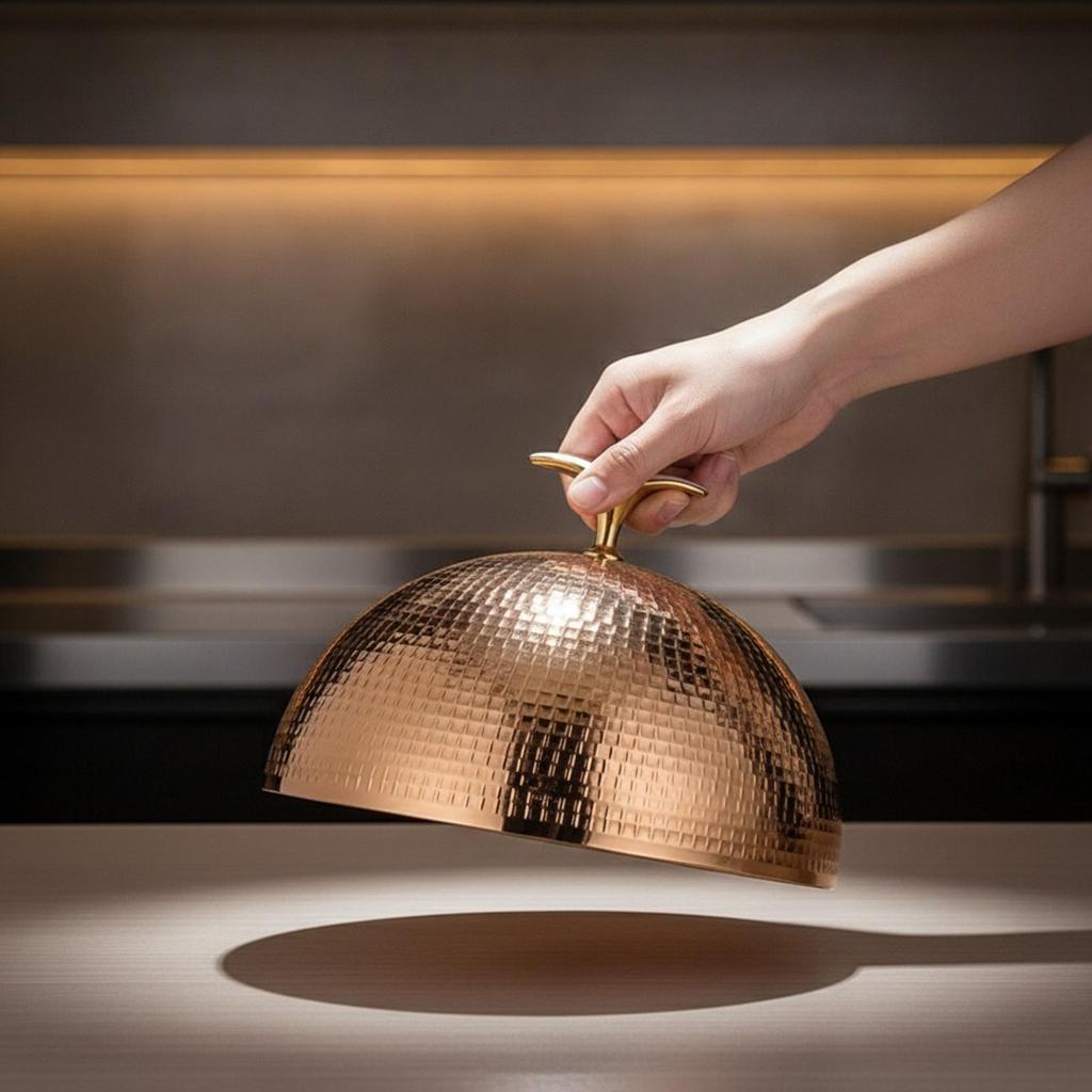 Reflective Rose Gold Domed Plate Cover Dishwasher Safe Hammered Food Dome with
