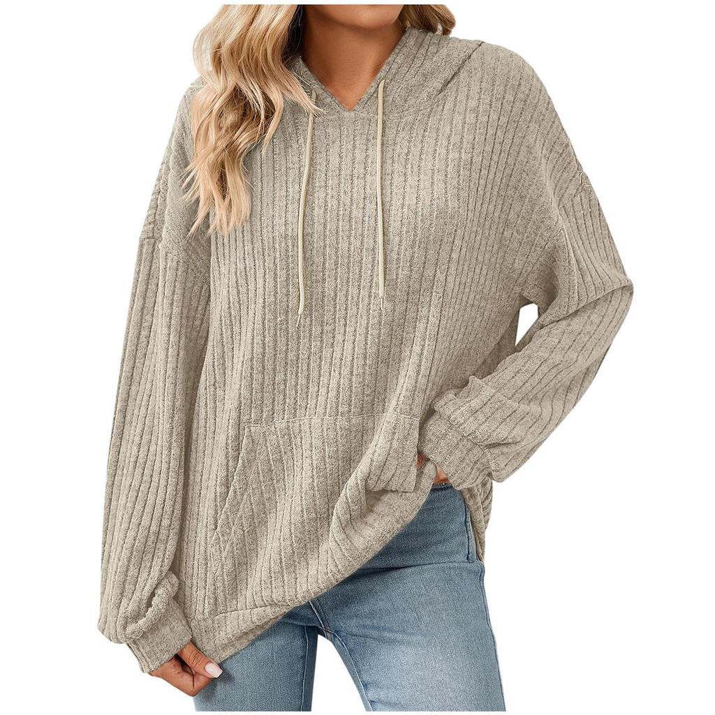 Women's Solid Color Ribbed Hooded Sweatshirt - Long Sleeve, Brushed, Autumn/Winter 2025 Collection