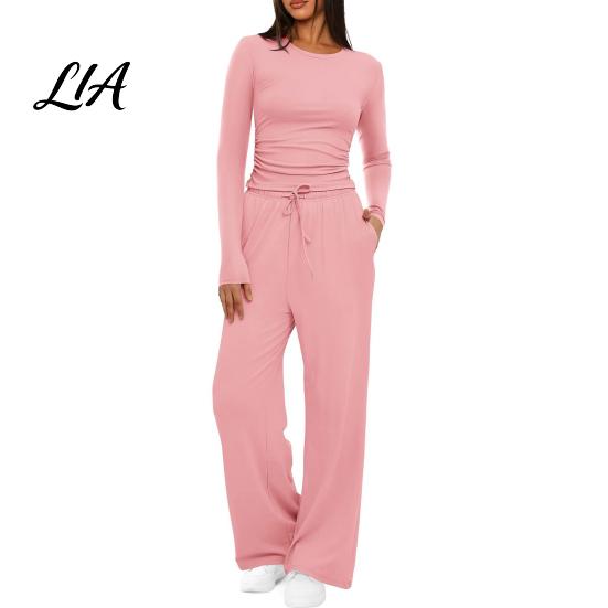Breathable Matching Sets Women Top Pants Set for Spring Fall, Slim Fit Crewneck Sweatshirt, Everyday Wear Suit Elastic Waist Loose Wide