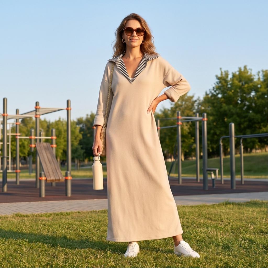 Women's Elegant Lapel Collar Long Sleeve Loose Fit Knit Maxi Dress