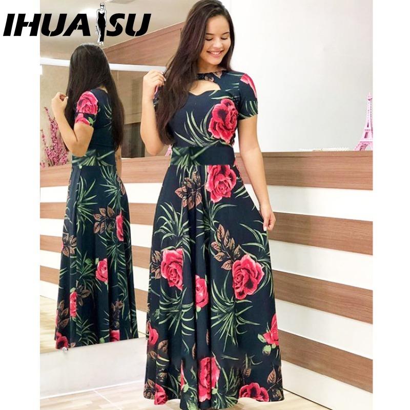 

IHUASU Богемное платье с цветочным принтом, с коротким рукавом, женское, осенне-зимнее, длинное, с круглым вырезом, с широкой юбкой M