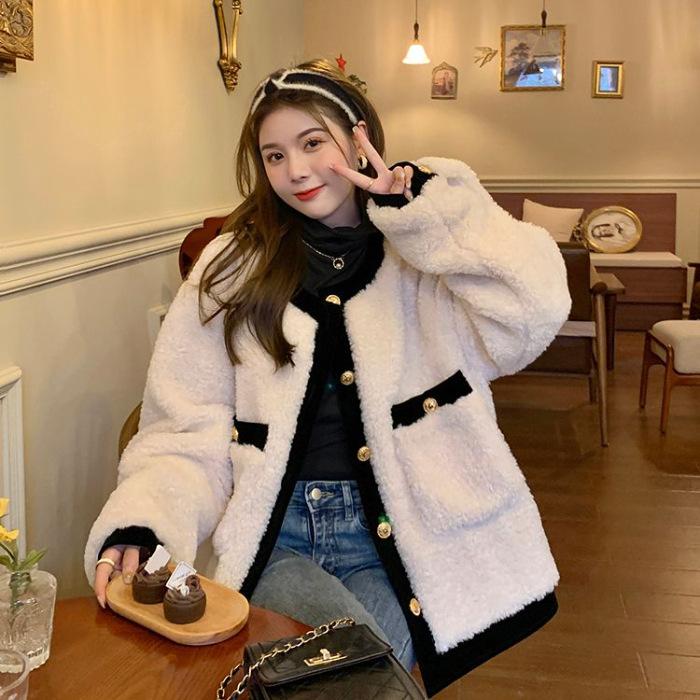 Korean version of fashion imitation lamb wool jacket women's autumn and winter new loose contrasting colors show temperament versatile