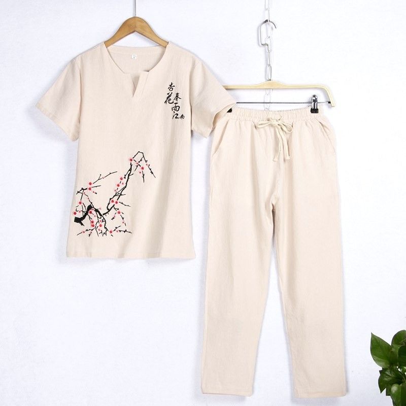 

Хлопок Лен Абрикосовый Цветок Короткий Рукав Кулиска Прямые Брюки Вышивка Kakh M