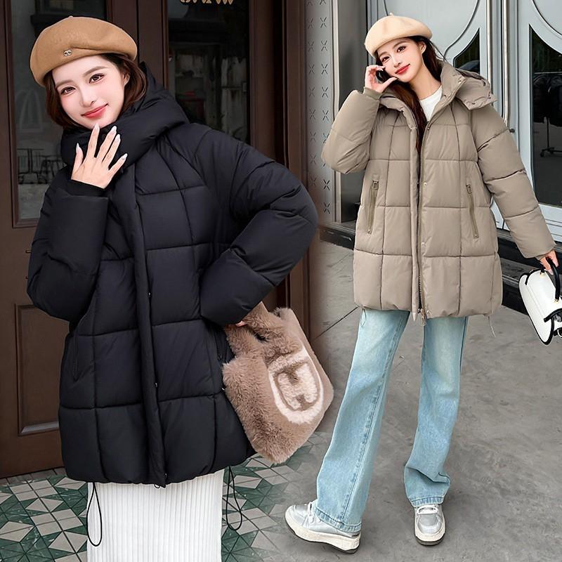Womens Mid-Length Cotton Padded Coat With Hood Loose Fit Warm Winter Jacket In Solid Colors