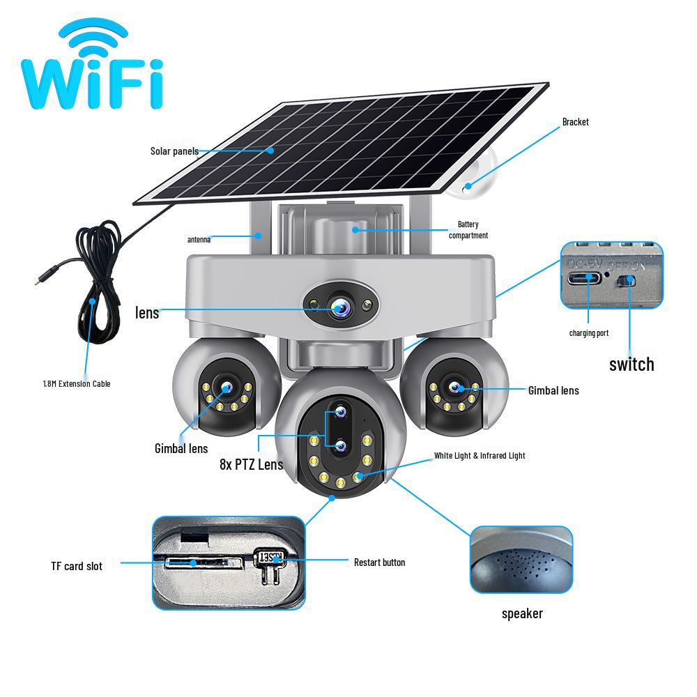 V380 Solar 4G Network Waterproof Camera with Alarm and Triple-Screen Monitor
