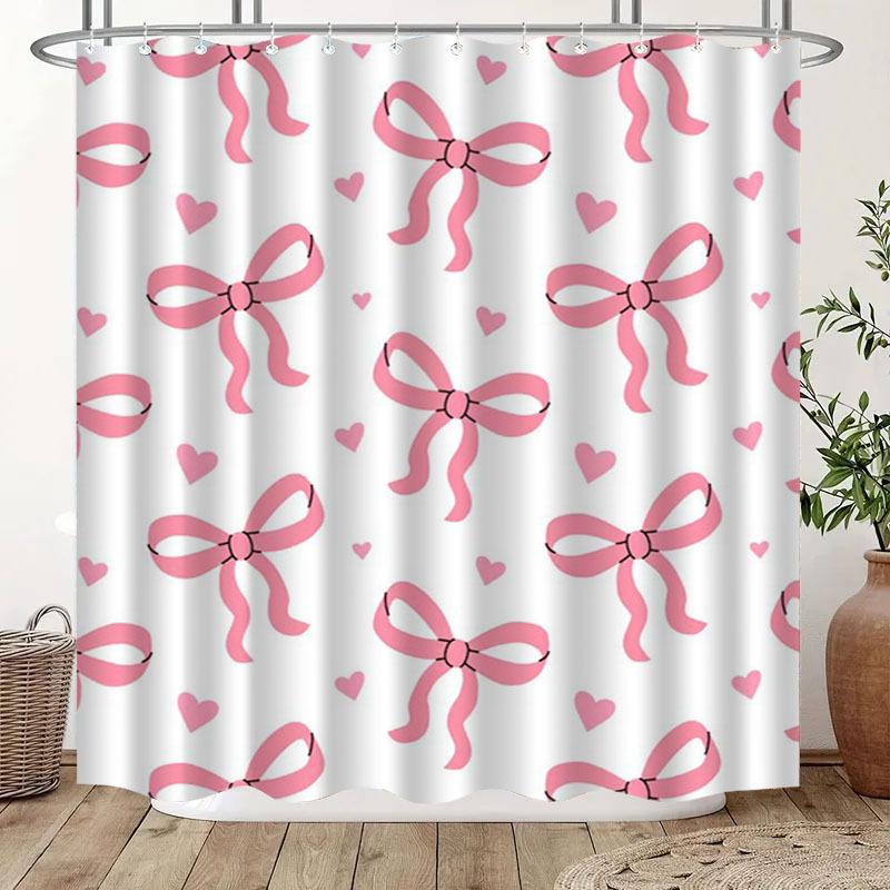 

Shower Curtain With Bow And Heart Pattern, With Hooks, Polyester Fabric, Machine Washable, Suitable For Bathroom Shower Curtains W60H190(CM)-1 Pcs