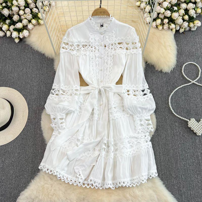 

2024 Spring and Autumn Vintage Court Style Elegant Lantern Long Sleeve round Neck Hollow out Stitching Single-Breasted A- line Dress White M