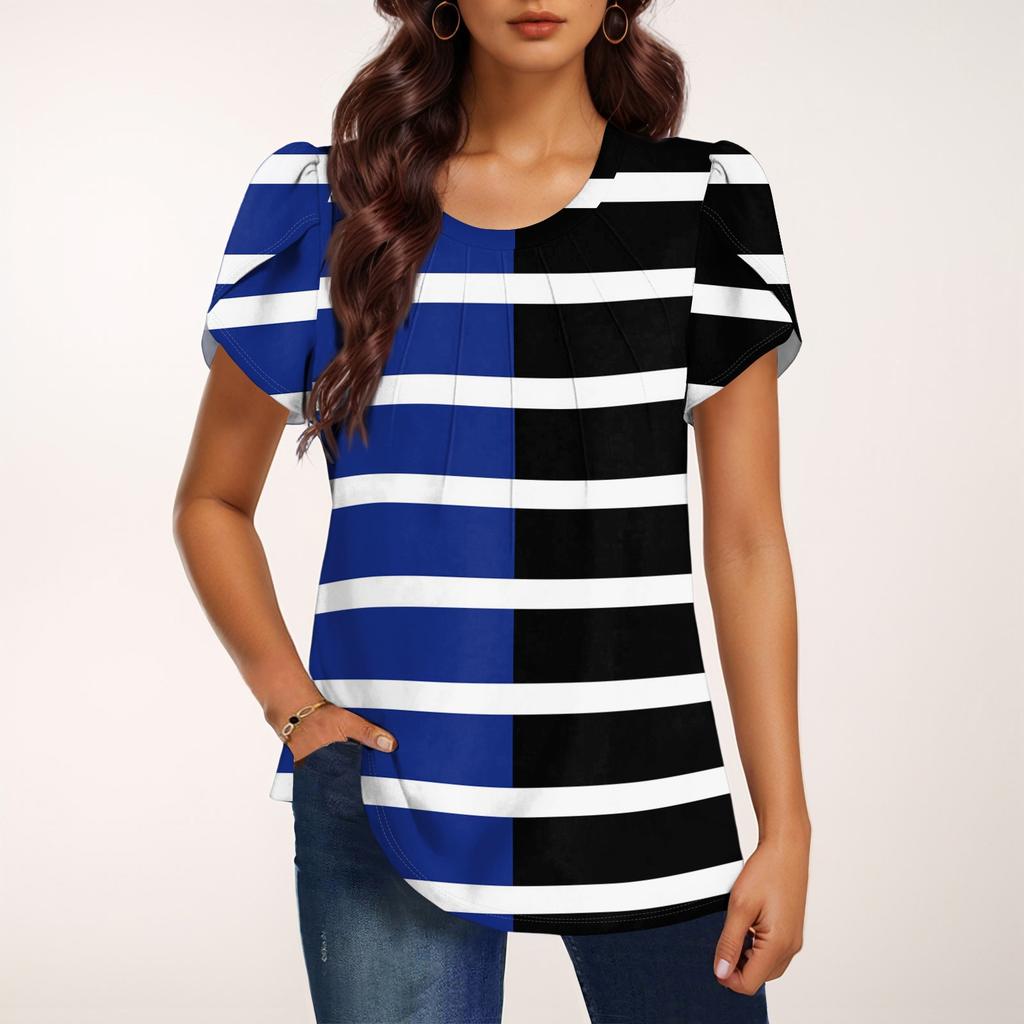 Women's Fashionable Round Neck Short Sleeve Print Casual Basic Pleated Pullover T-shirt Top