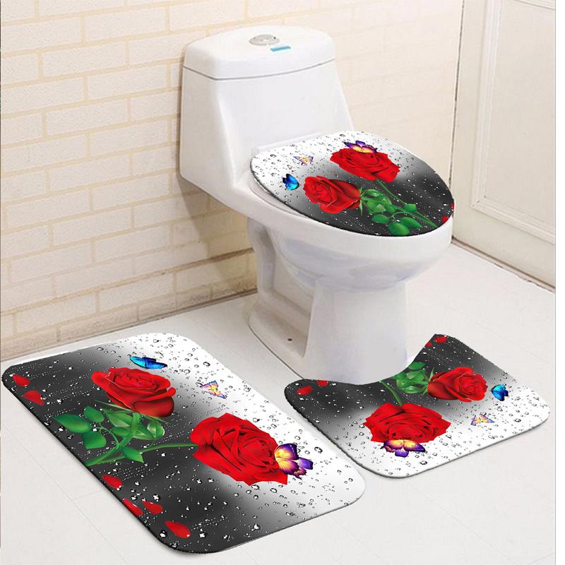 3D Rose Flower Shower Curtain Set Non-Slip Rugs Bath Mat Toilet Lid Cover and 12 Hooks Waterproof Polyester Bathroom Decor
