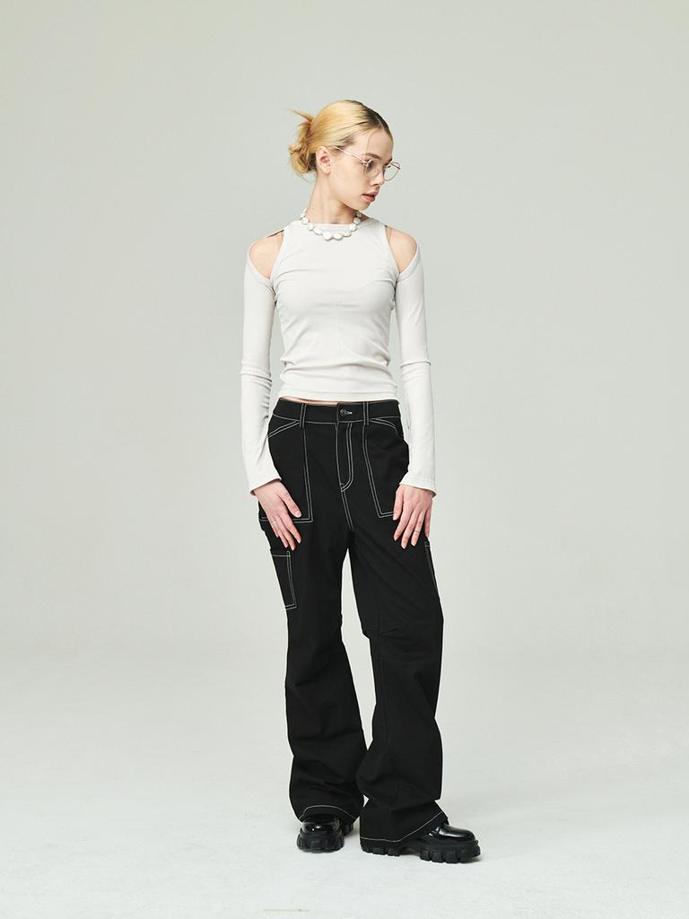 Amadyu Slim Cutout Ribbed Stitch T-Shirt Slim Fit Cutout Top T-Shirt_Cream Beige