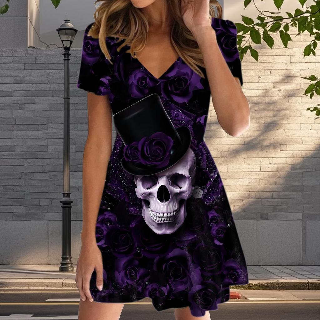 Summer Fashion Women's V Neck Short Sleeve Skeleton Printed  Dress Sex Short Skirt Dresses