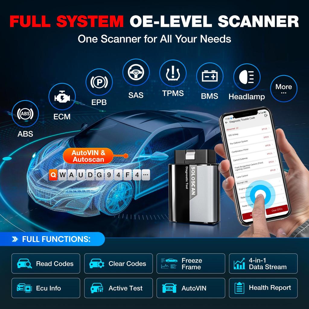 KINGBOLEN Soloscan for HONDA/Acura/Dongfeng Honda/GAC Honda Bluetooth OBD2 Scanner, All System Diagnostic Bidirectional Scan Tool
