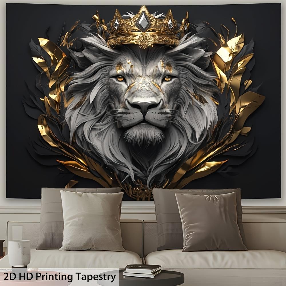 Textilien Unisex Golden Crown Lion Tapestry, Majestic King Of Jungle Portrait, Luxury Animal Wall Art For Living Room Bedroom Decor