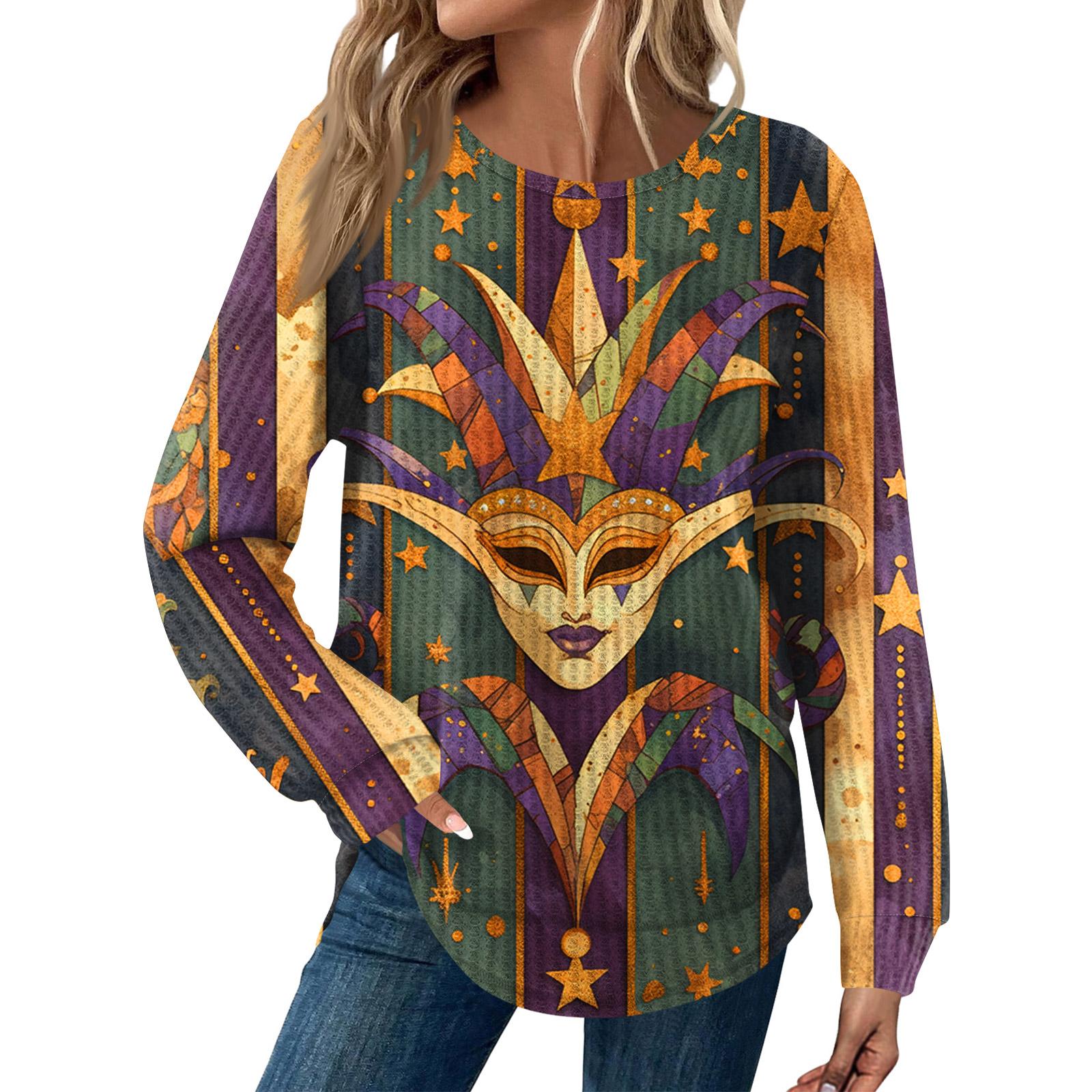

Women s Fashion Loose Long Sleeve Carnival Print Round Neck Casual Top XL