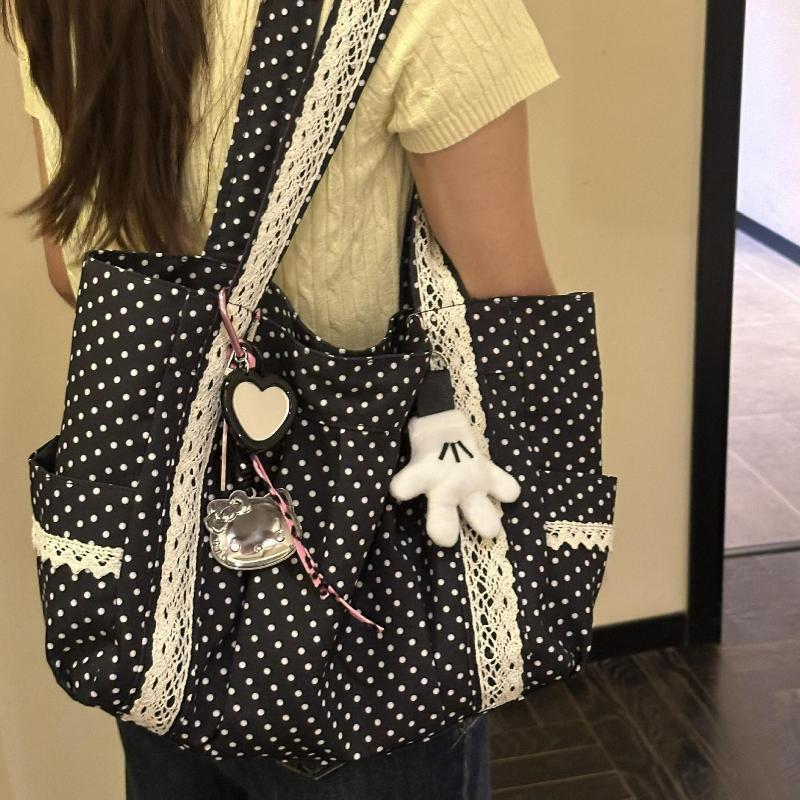 Korean Vintage Polka Dot Canvas Shoulder Bag Women Cute Lace Handle Bag Large Capacity Tote Casual and Versatile Storage Bags