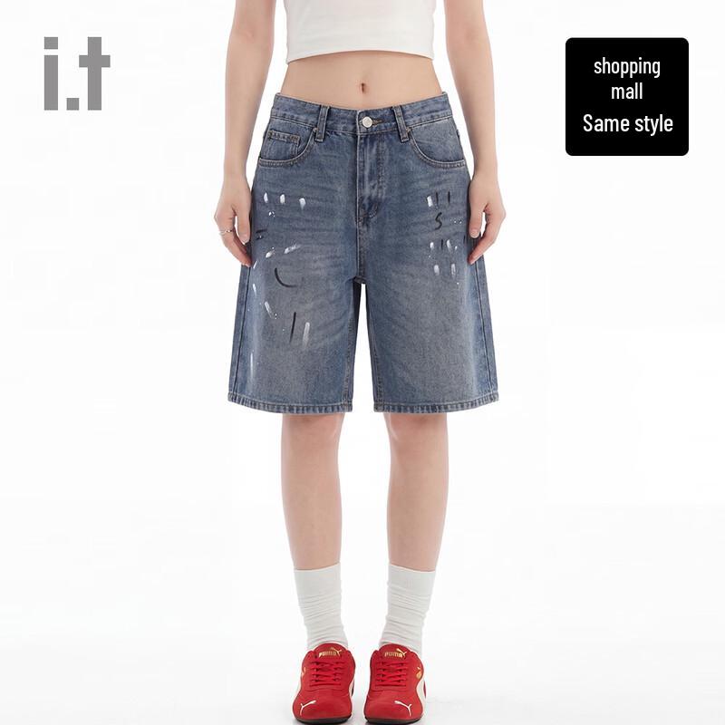 CHOCOOLATE Unisex Distressed Graffiti Straight-Fit Denim Shorts 28
