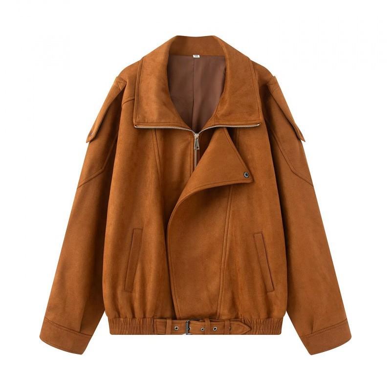 Womens Oversized Faux Suede Jacket 2025 Streetwear Long Sleeve Zip-Up Coat In Brown Shades
