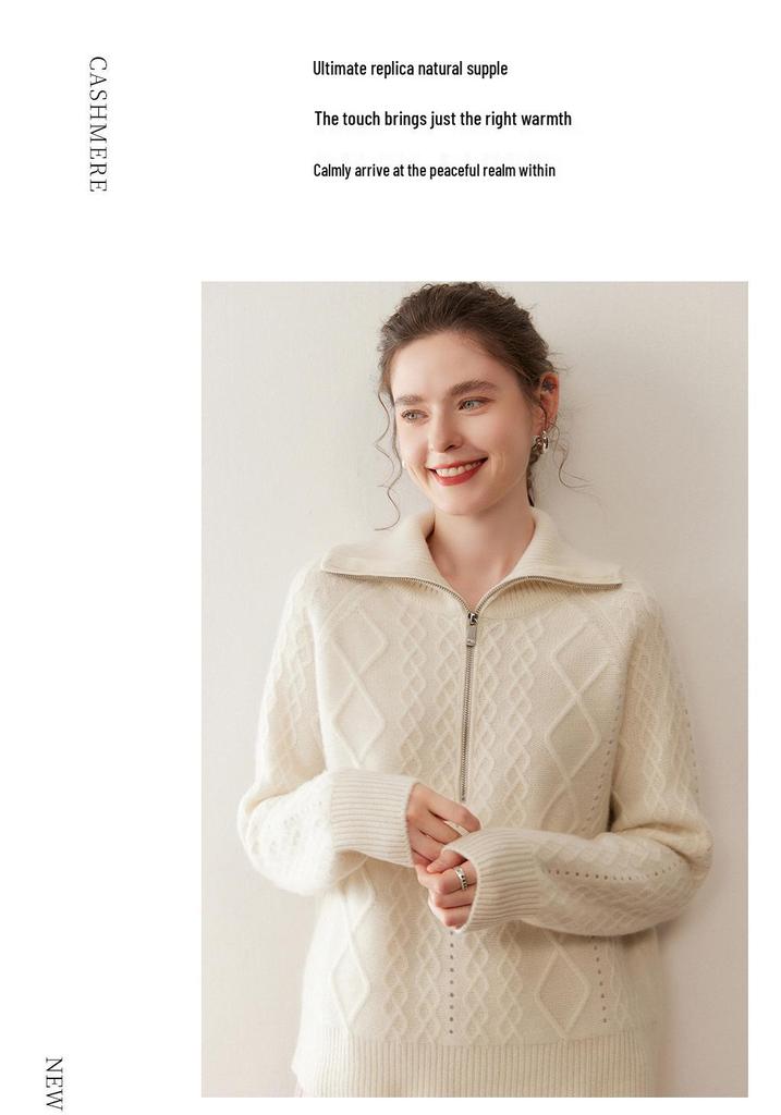 Thick Cable Knit Cashmere Half-Zip Lapel Sweater - Women's Polo Neck Base Layer, Autumn/Winter Korean Style.