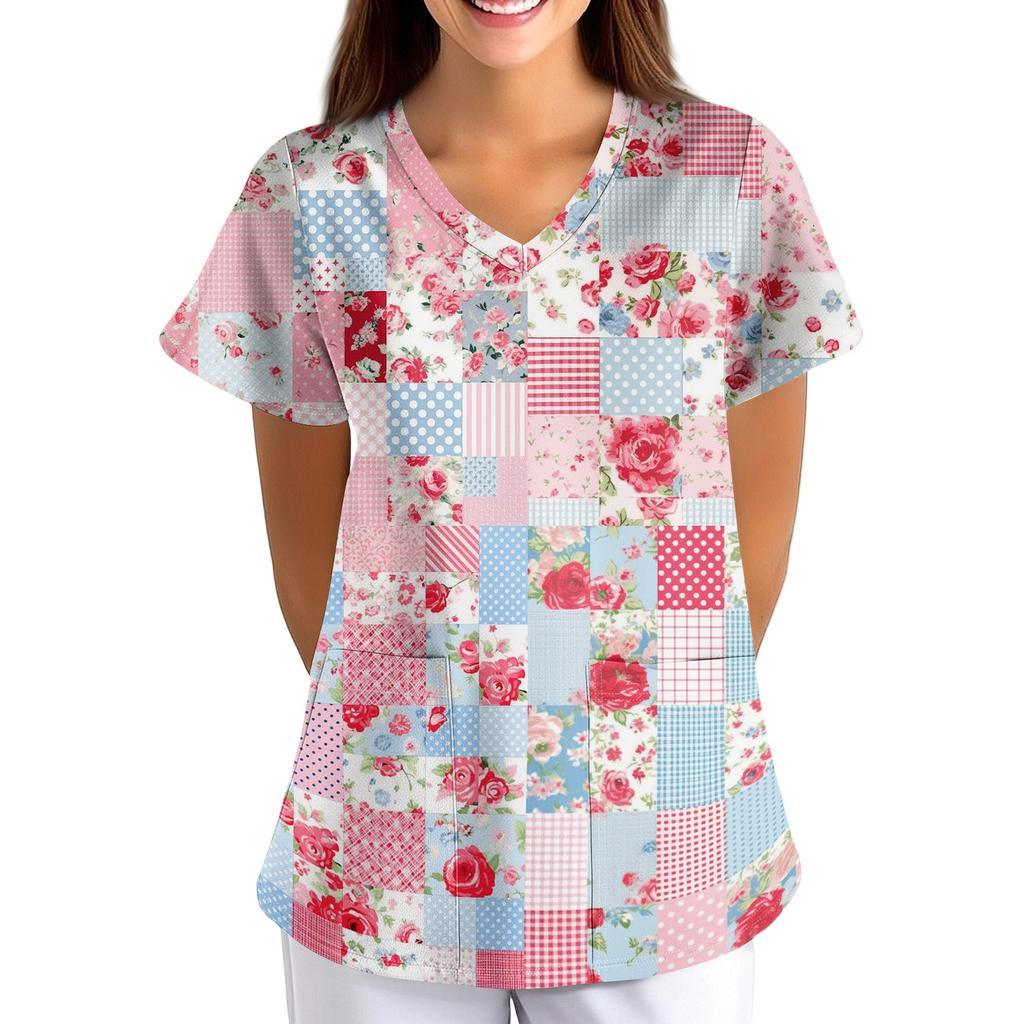 Women's Floral Print Loose Fit V Neck Short Sleeve Work Scrub Top with Pockets for Healthcare Professionals Nursing Uniform