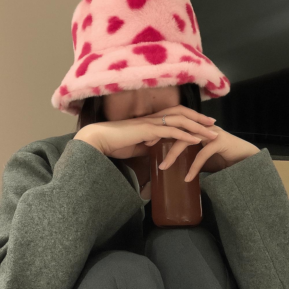 Faux Fur Love Heart Bucket Hat Thicken Winter Plush Hat Retro Plush Fisherman Hat  Autumn