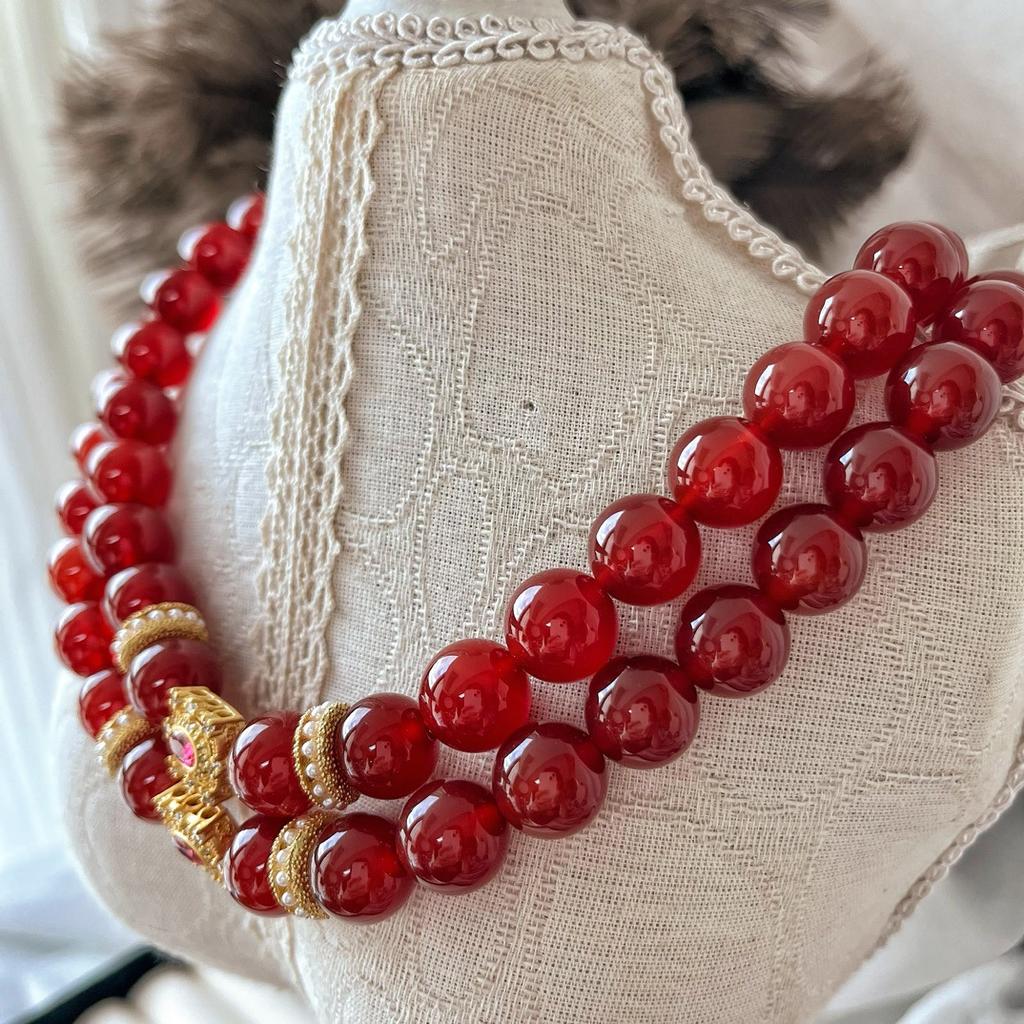 New Year'S Red 12Mm Medieval Court Wind Pigeon Blood Red Natural Chalcedony Agate Natural Stone Necklace Women'S Neck Chain