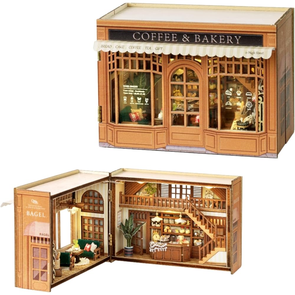 Cuteroom Dollhouse Miniature Coffee and Bakery Kit Wooden DIY Toy for Kids with Accessories
