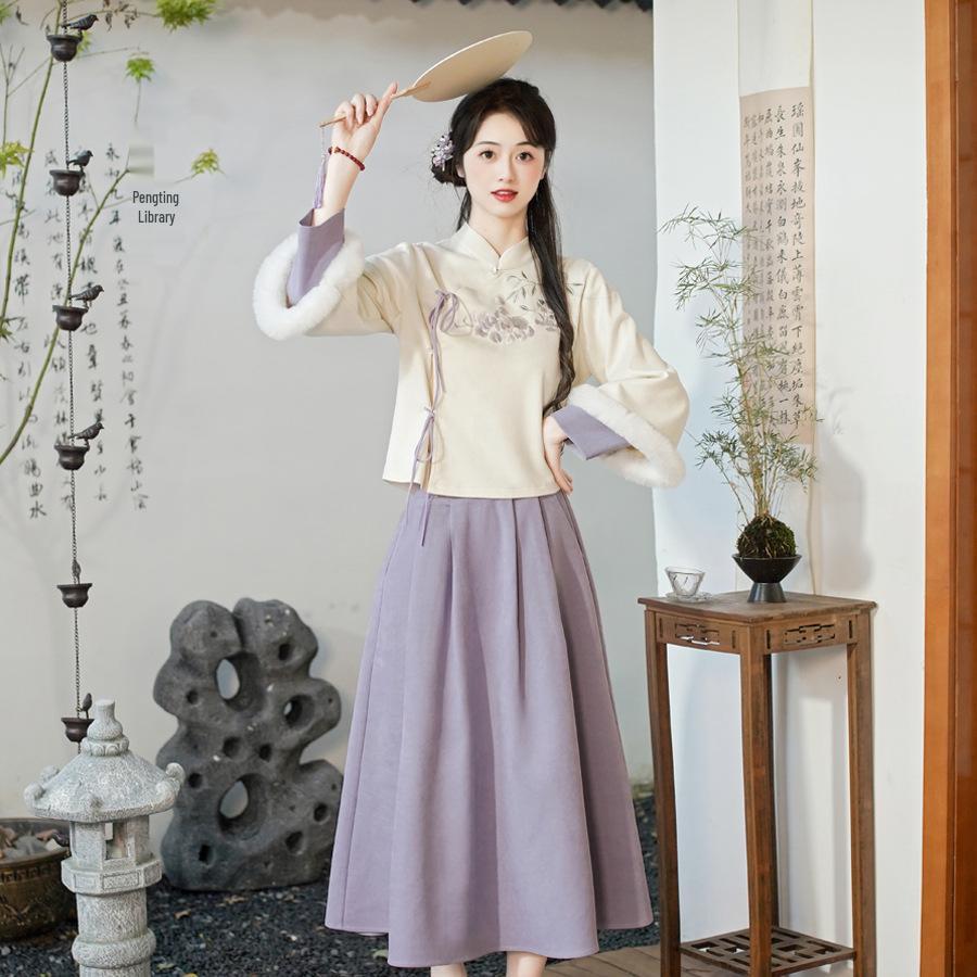 Autumn & Winter Retro Embroidered Deerskin Tang Suit: Women’s Improved Hanfu Tea Suit