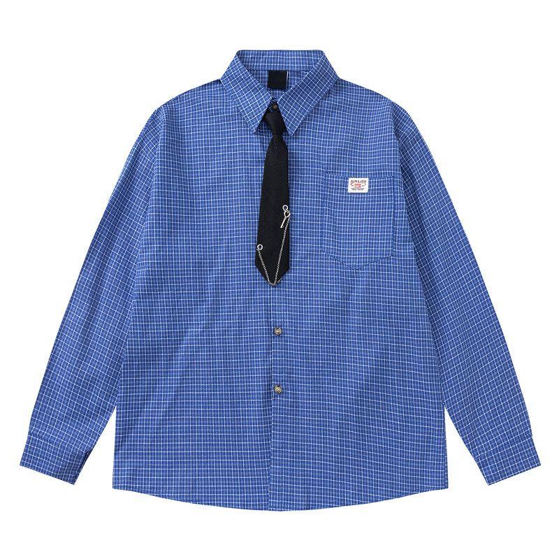 51 Hip-Hop Trendy Brand College Style Tie Plaid Shirt for Men and Women American Style Color-Blocking Vintage Versatile Couple Long-Sleeve Shirt